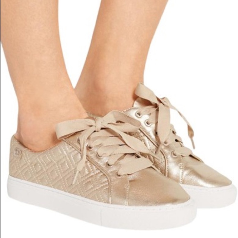 Tory Burch Rose Gold Marion Quilted Metallic Lace-up Sneakers